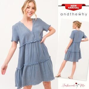 And The Why Frayed Detail V-Neck Short Sleeves Tiered Washed Mini Dress | Blue
